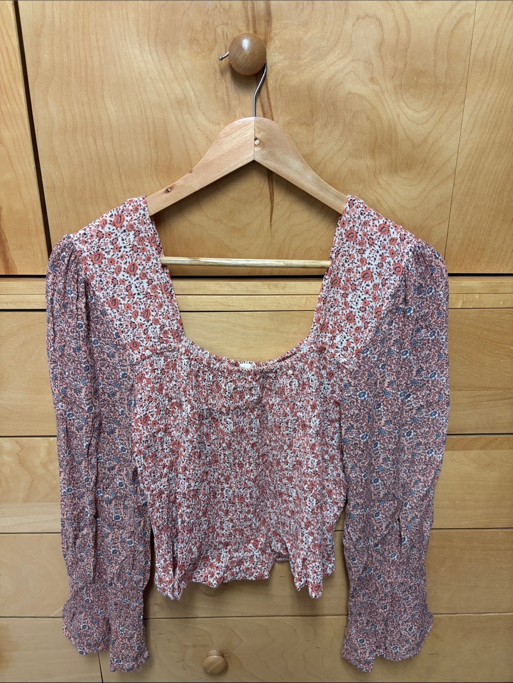 Smocked Floral Square-Neck Blouse in Rust Floral